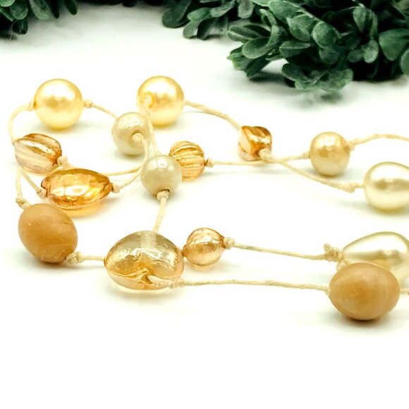 Vintage Style Long Gold & Cream Glass Beaded Necklace With Mixed Shapes & Textur - Picture 2 of 3